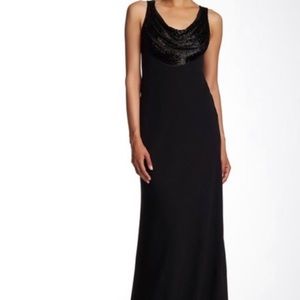 Carmen Marc Valvo Black Beaded Halter Cowl Neck Formal Gown